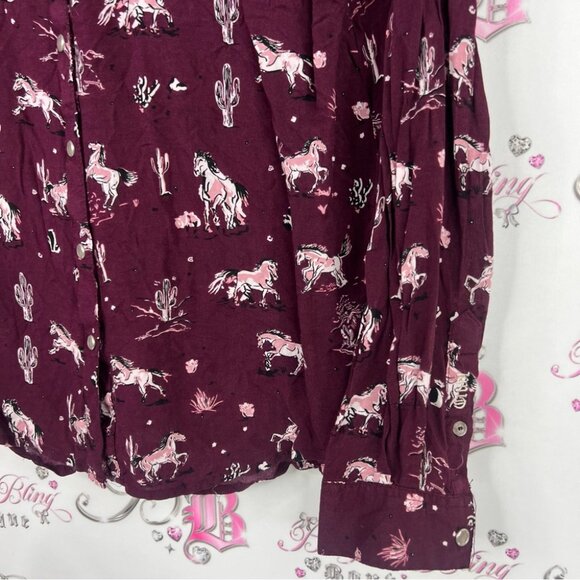 Cruel denim button up horses Burgundy Button-Up Shirt with Horse Print - Picture 2 of 8
